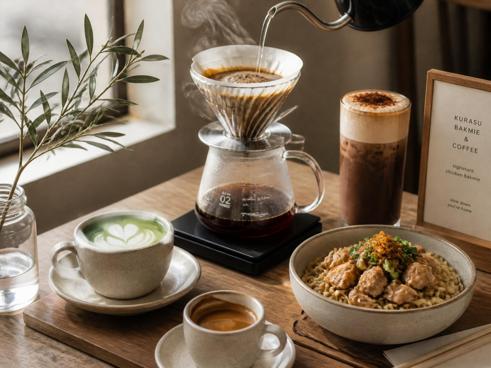 Freshly brewed coffee, matcha, chocolate and signature bakmie at Tepi Coffee